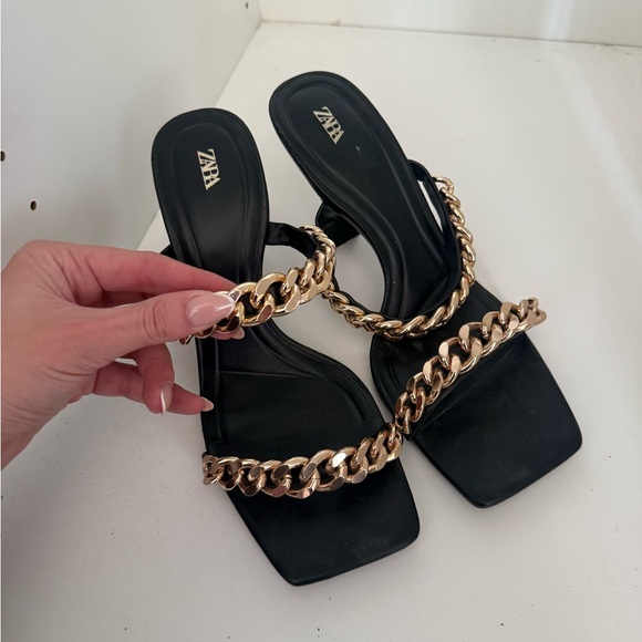 Zara Black Heels with Gold Chain Accent - Picture 3 of 6